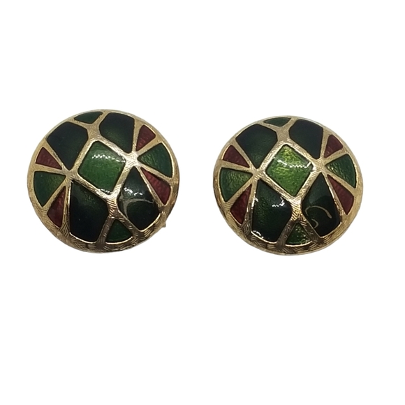 VINTAGE GOLDTONE WITH RED & GREEN ENAMEL INLAY DETAIL CLIP ON STATEMENT EARRINGS - Picture 4 of 5